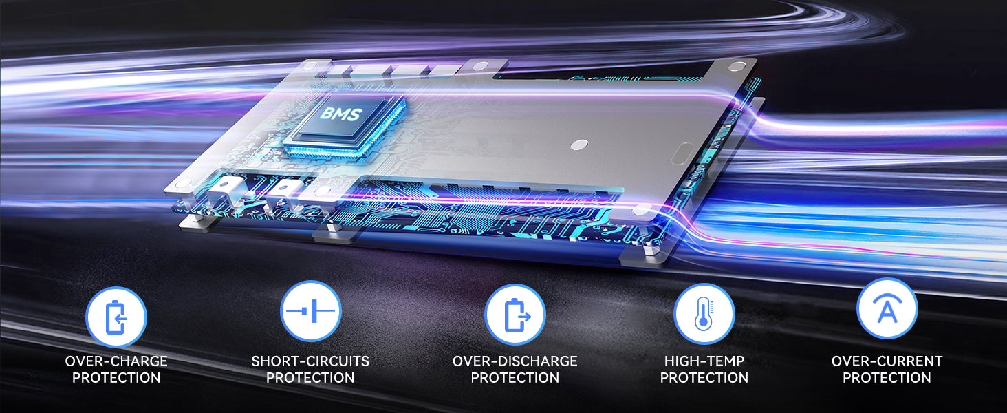 Electronic component with BMS on a dark background with light effects