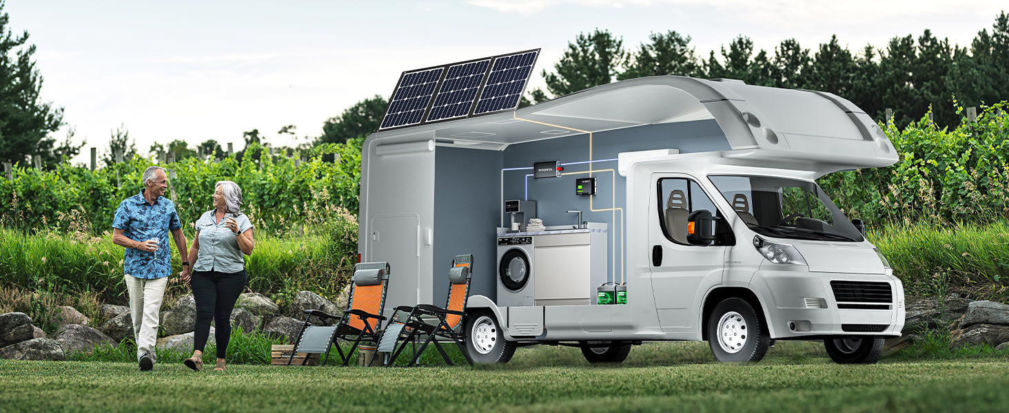 Solar-powered RV with a couple walking nearby in a natural setting