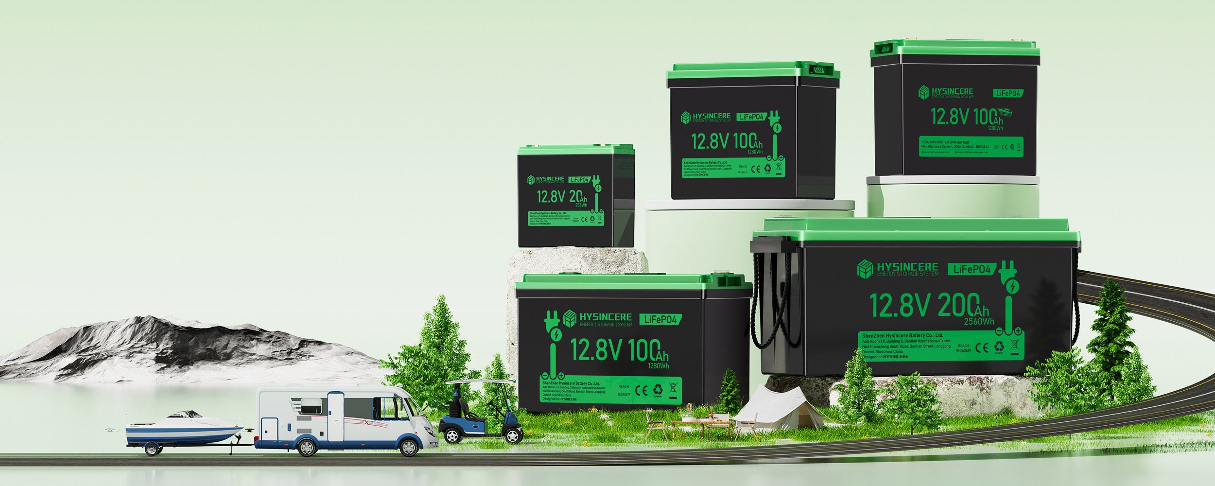 Set of green 12v lifepo4 batteries with labels on a scenic background