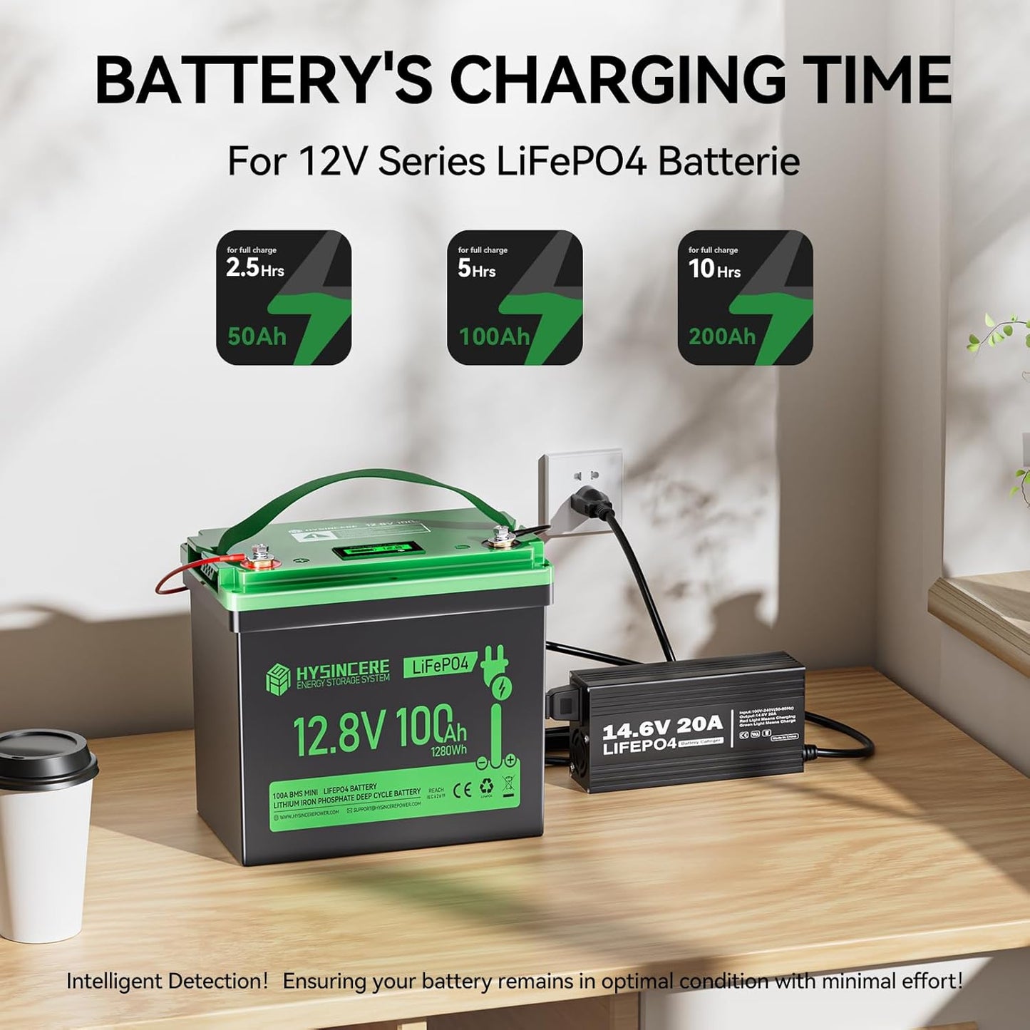 12V series LiFePO4 battery with charging time indicators on a table.