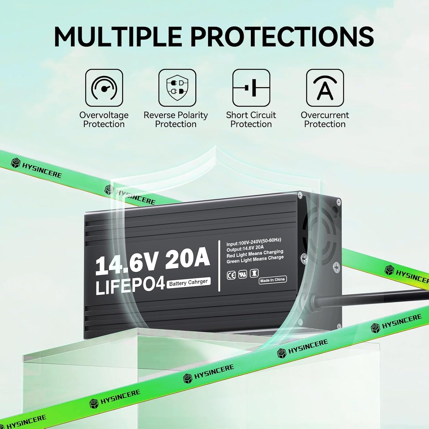 Battery charger with multiple protection features on a light blue background