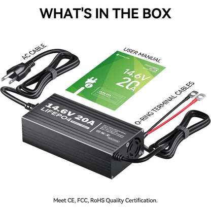Battery charger with AC cable, user manual, and terminal cables on a white background.