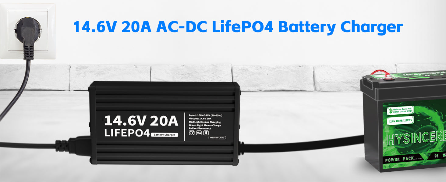 14.6V 20A AC-DC LIFEPO4 Battery Charger with battery on a white background