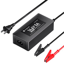 Black 14.6V 5A battery charger with cables on a white background