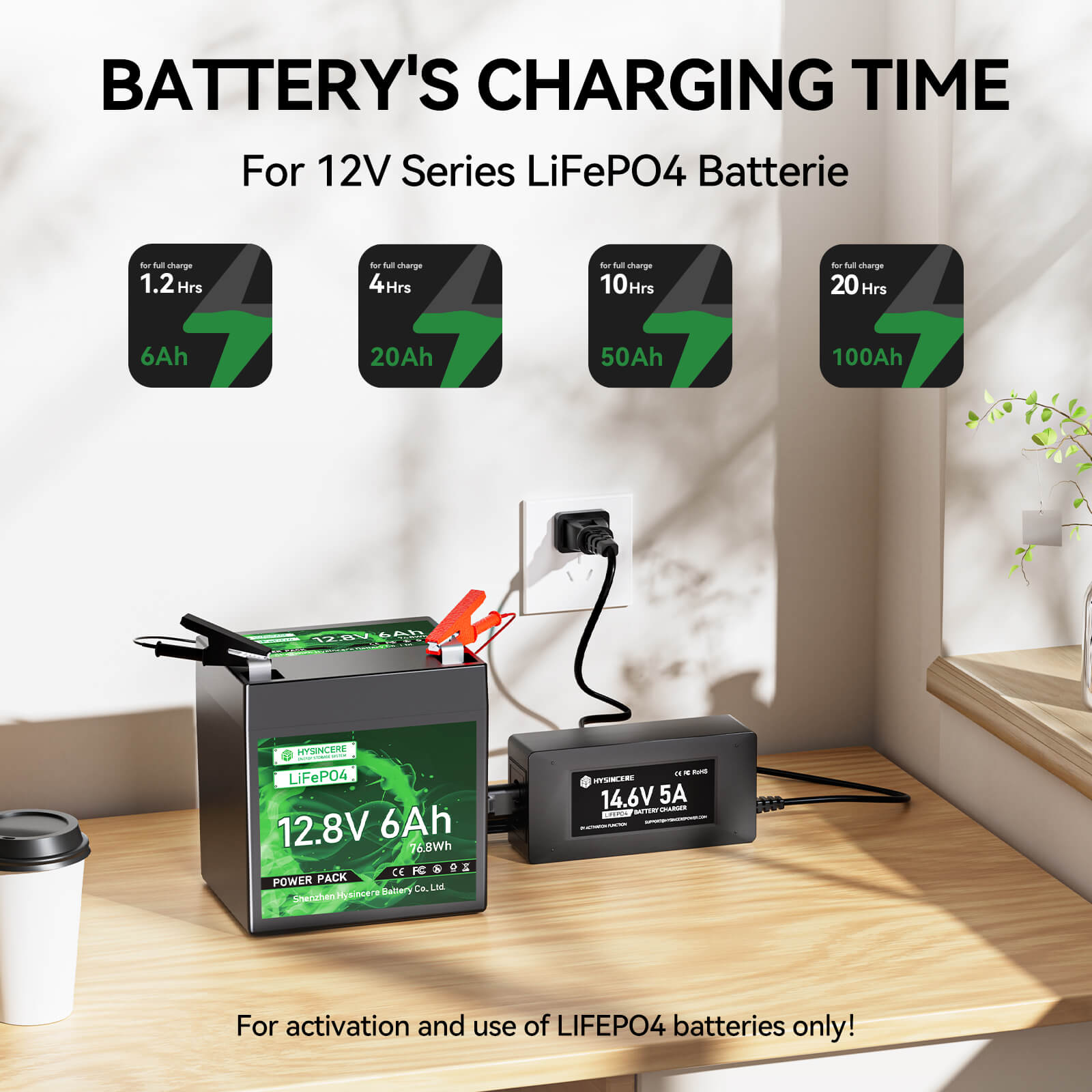 Battery charging time chart for 12V Series LiFePO4 batteries on a wooden surface.