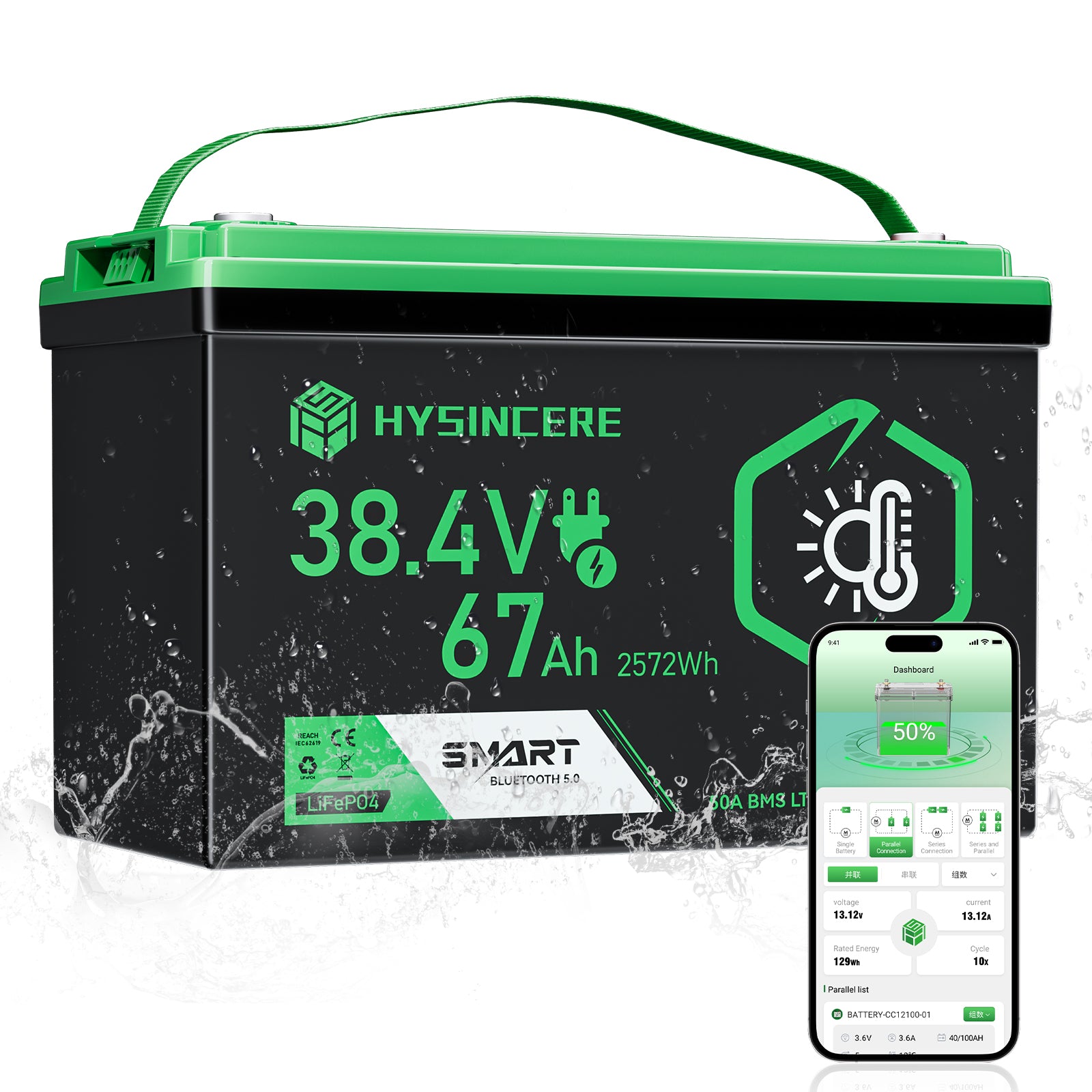 Hysincere Power 38.4V 67Ah Premium LiFePO4 Deep-Cycle Battery with Intelligent Self-Heating & Bluetooth Connectivity
