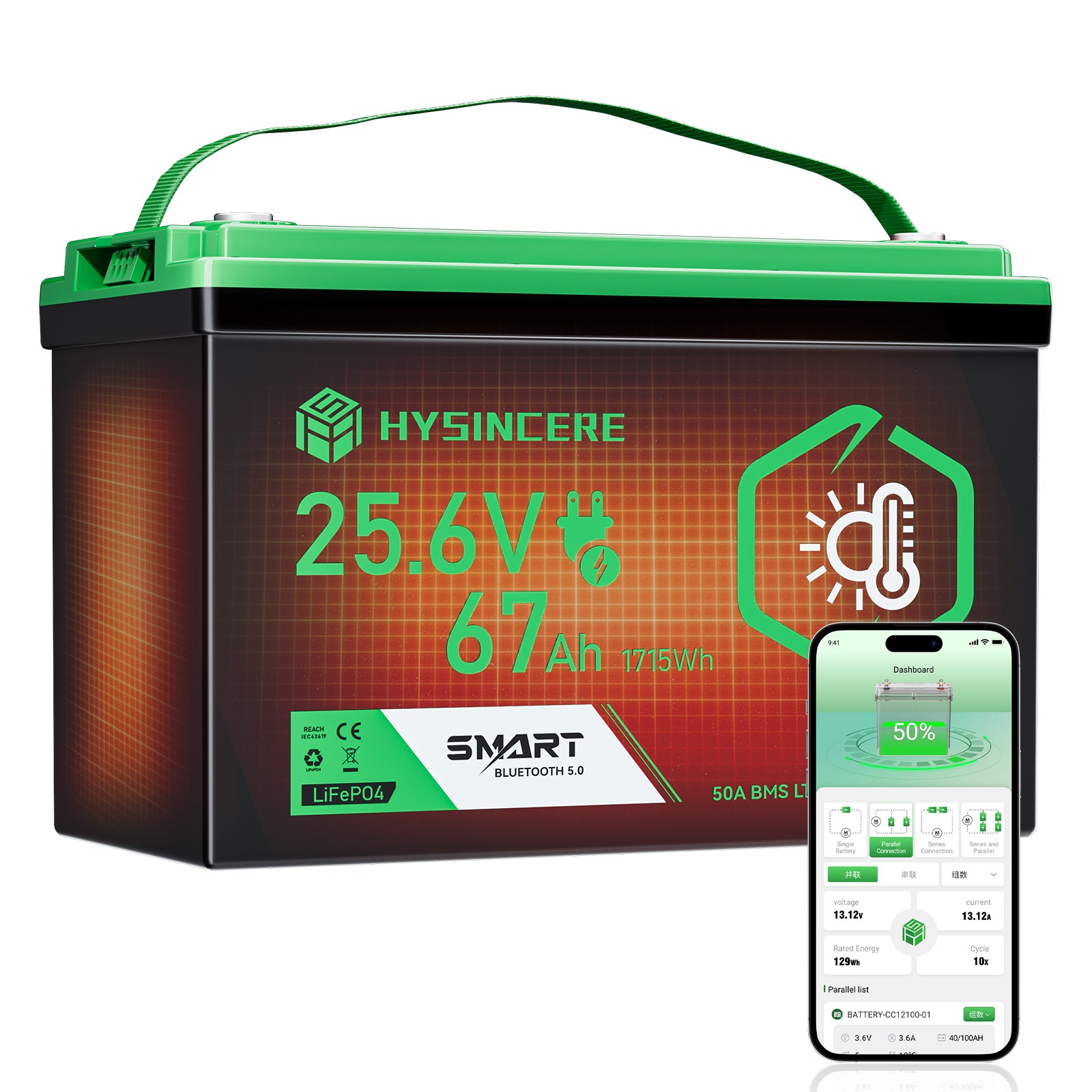 Hysincer Power 25.6V 67Ah Smart LiFePO4 Lithium Battery (1715Wh | Built-in Bluetooth & Auto Heating)