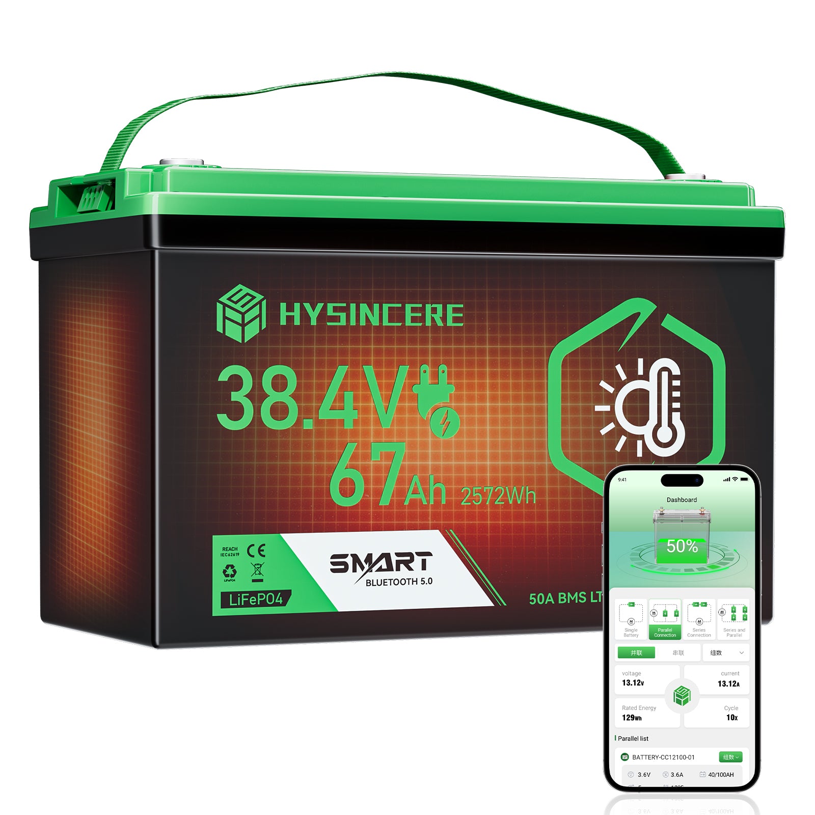 Hysincere Power 38.4V 67Ah Premium LiFePO4 Deep-Cycle Battery with Intelligent Self-Heating & Bluetooth Connectivity