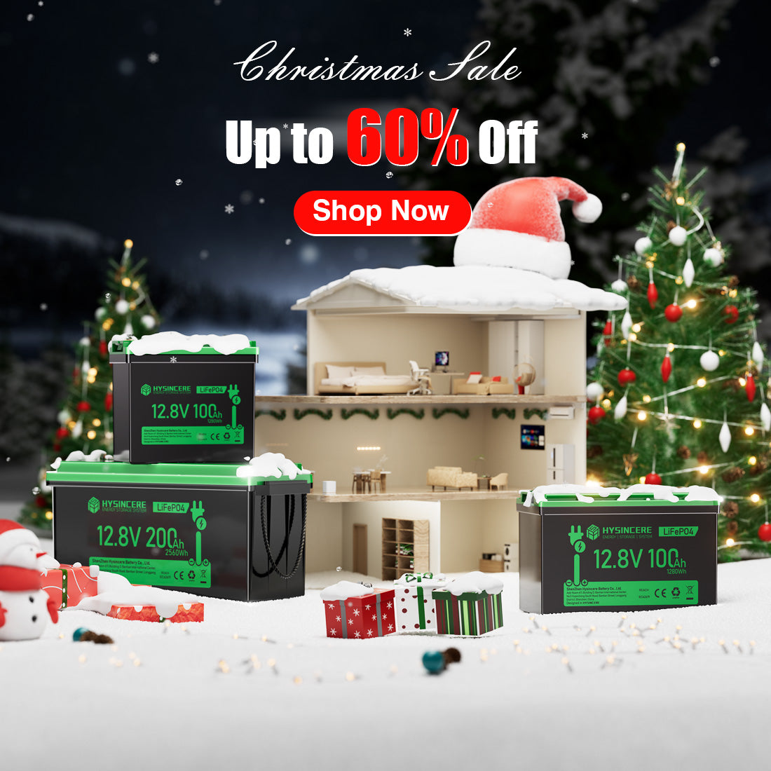 Christmas sale advertisement with batteries and a house model in a snowy scene.