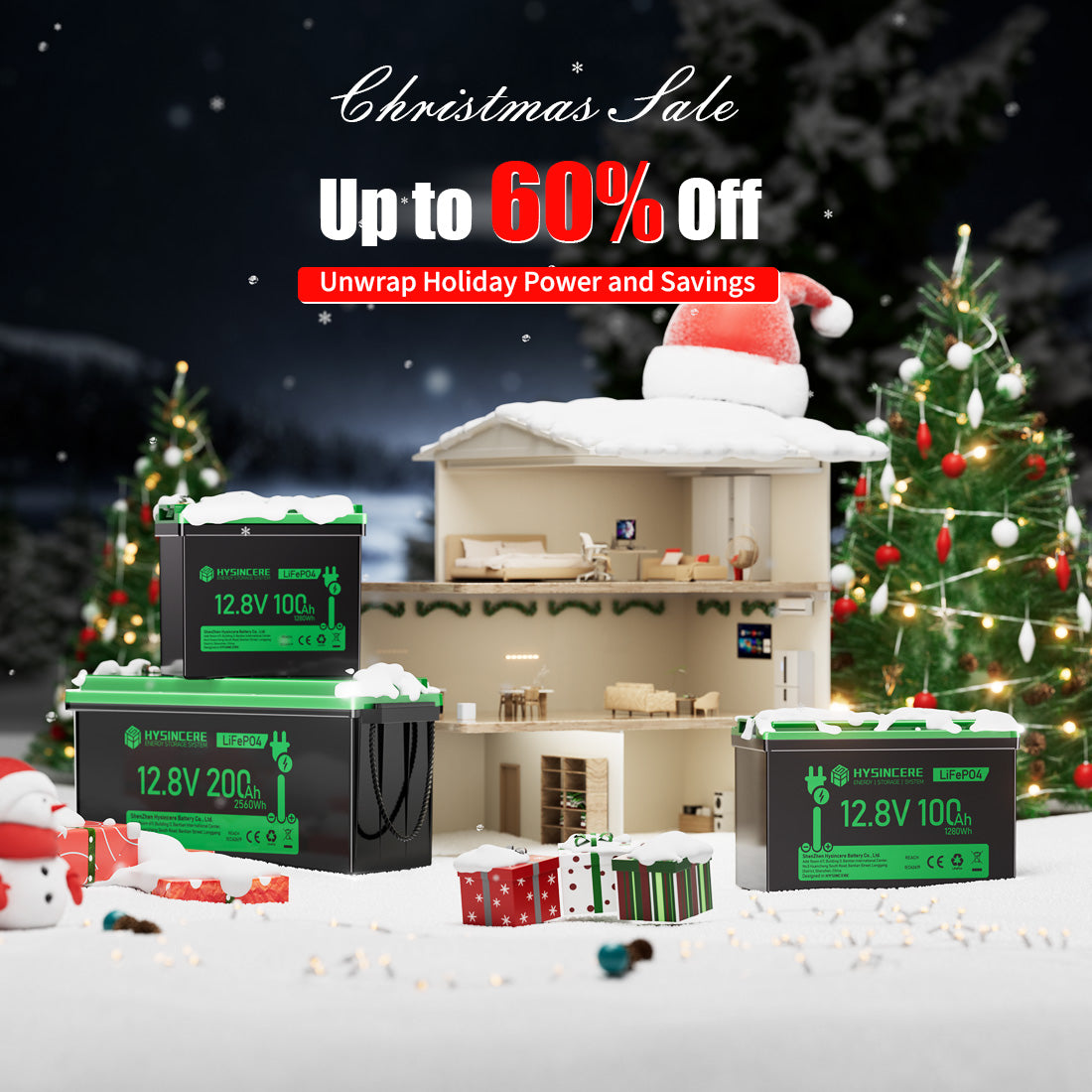 Model house with Christmas decorations and battery packs on a snowy background, featuring a Christmas sale promotion.