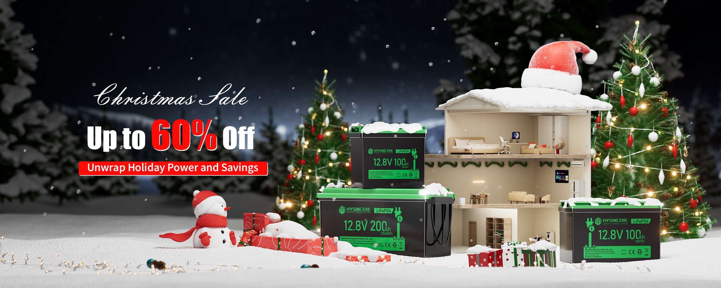 Christmas sale advertisement with model house, trees, and festive decorations.