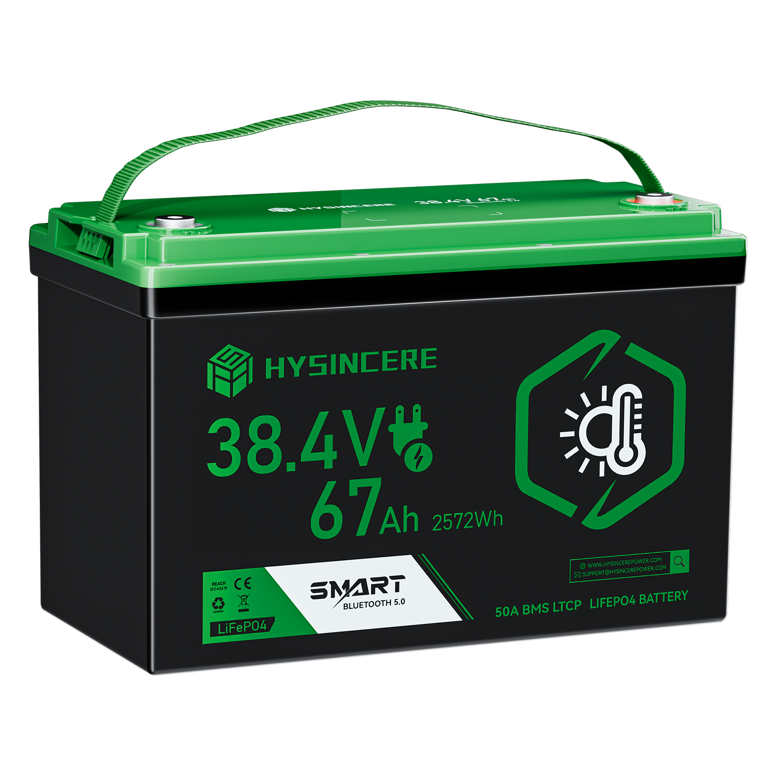 Hysincere Power 38.4V 67Ah Premium LiFePO4 Deep-Cycle Battery with Intelligent Self-Heating & Bluetooth Connectivity