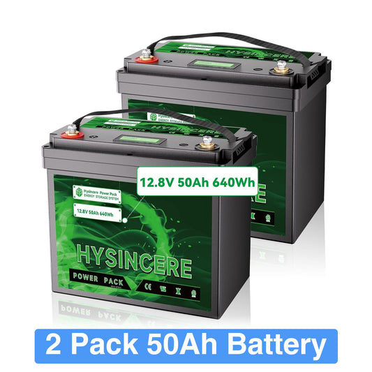 Two HYSINCERE batteries with specifications on a white background