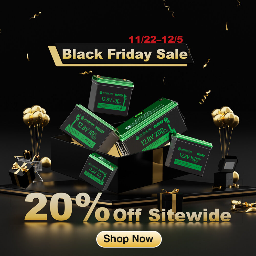 Black Friday sale advertisement with green batteries and decorative elements on a black background.