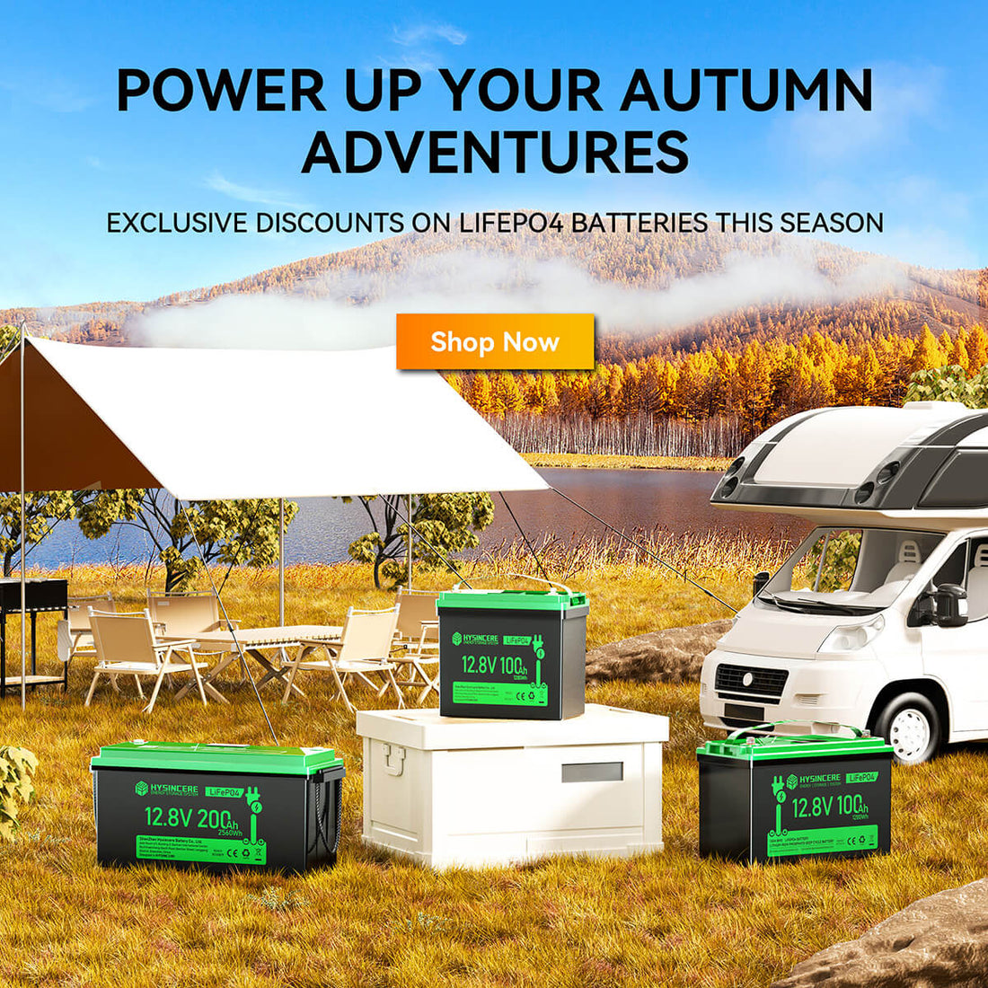 Promotional image for LIFEPo4 batteries with camping setup and scenic background
