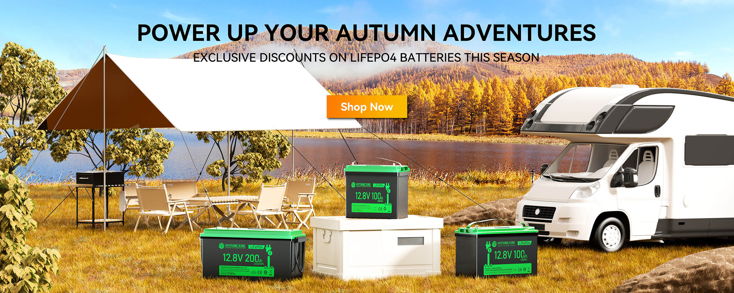 Promotional banner for autumn adventures with camping setup and battery products.