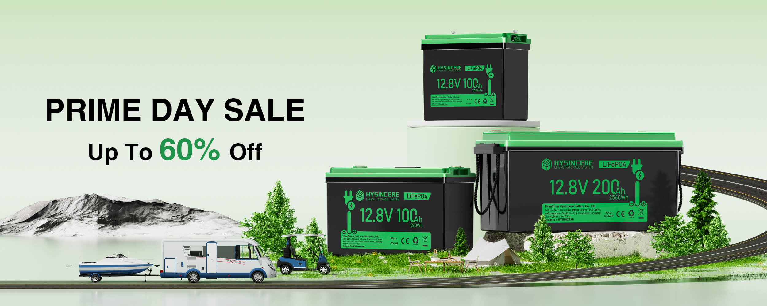 Promotional banner for Prime Day Sale with electronic components and battery packs on a scenic background.