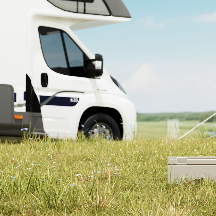 White van parked on grass with a clear sky