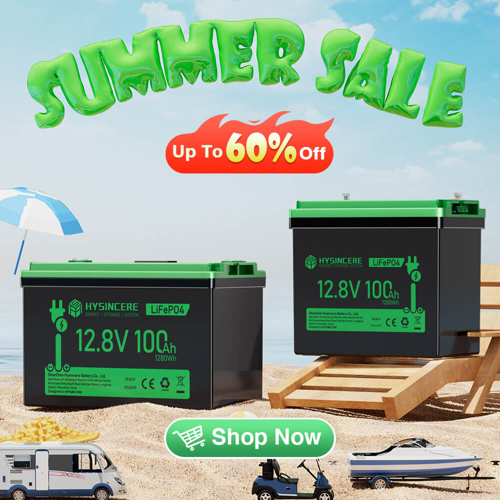 Two batteries on a beach with 'Summer Sale' text and promotional offer.