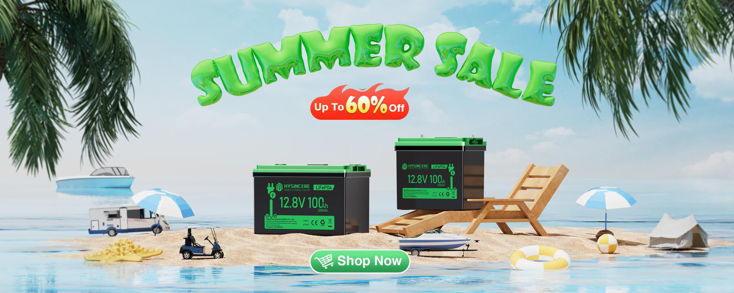 Summer sale banner with beach scene, battery products, and promotional text.