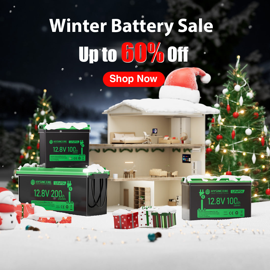 Winter battery sale advertisement with model house and Christmas trees in the background