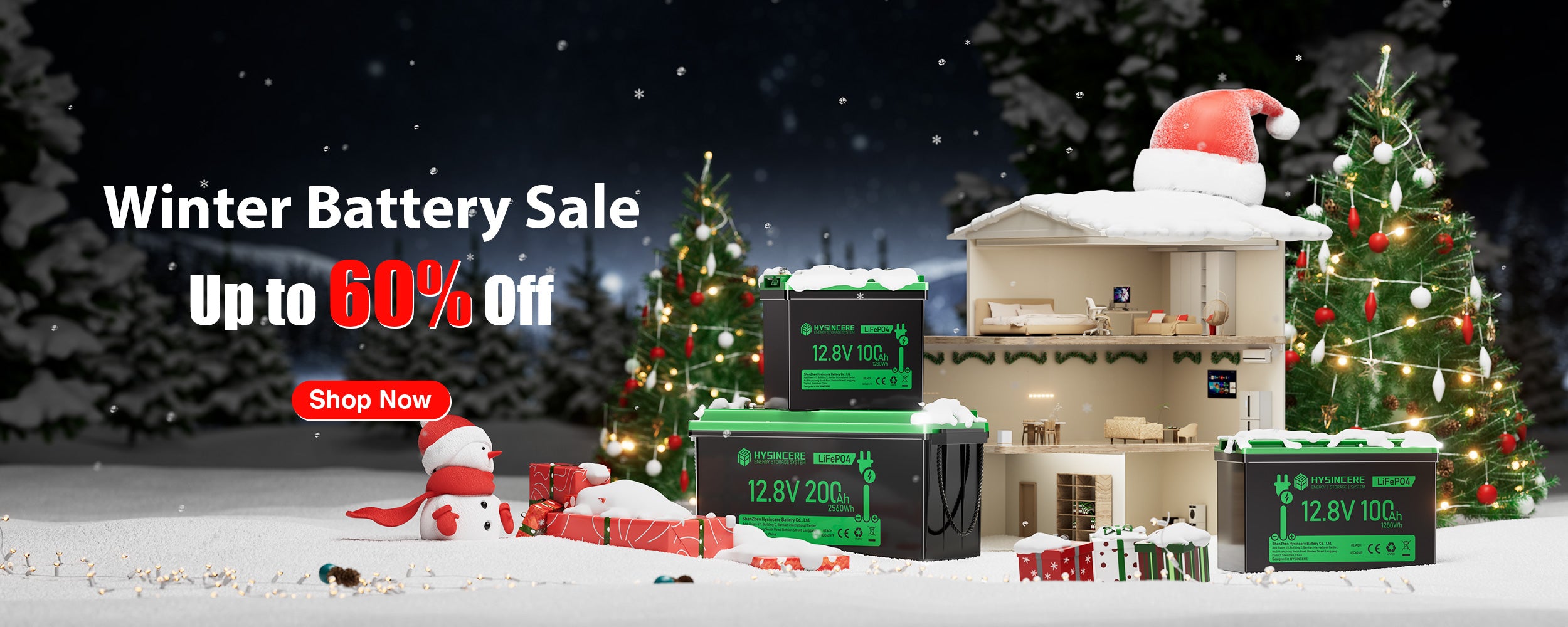 Promotional banner for a winter battery sale with Christmas-themed setting and discounted prices.